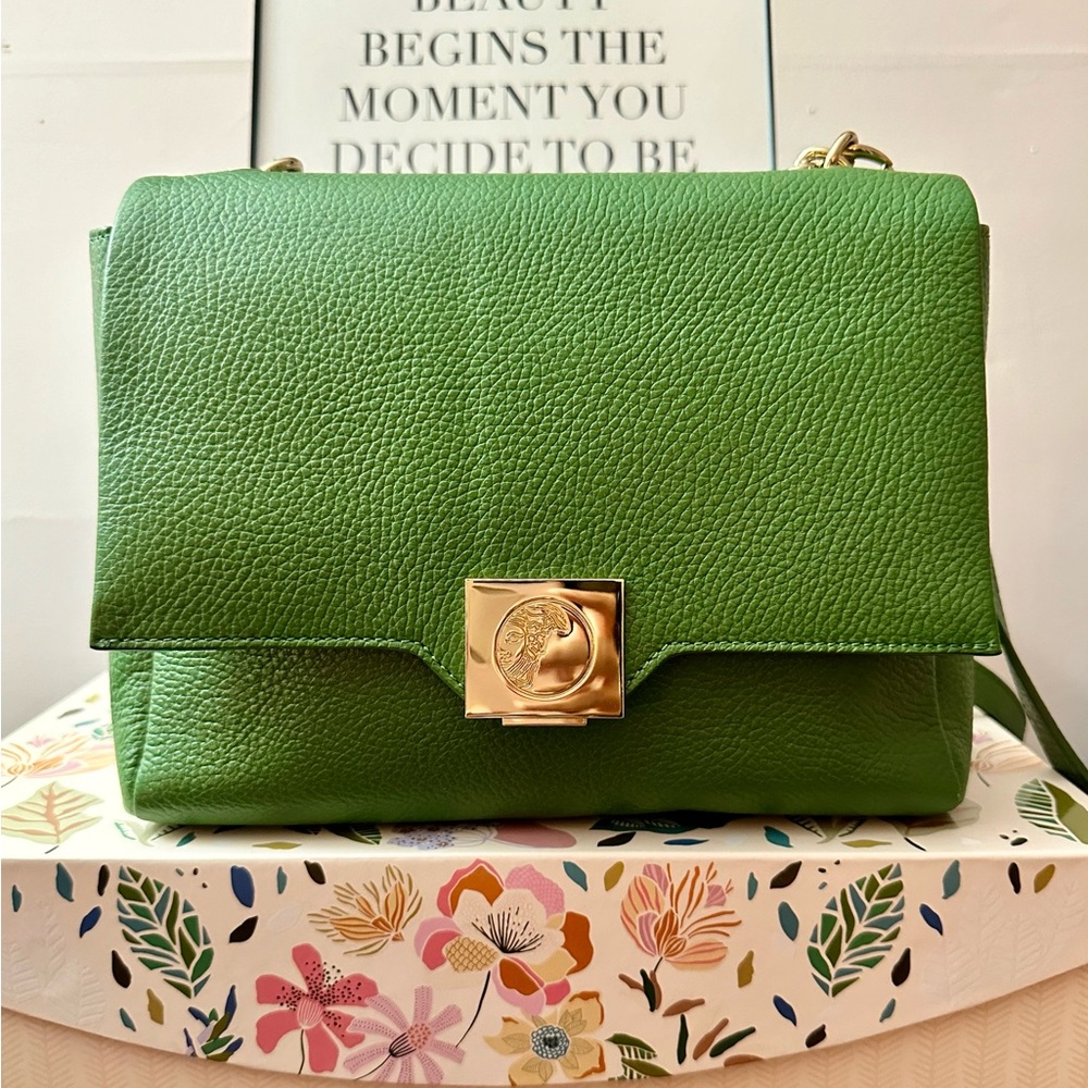 Authentic Versace Collection Convertible Green Leather Bag with Gold Hardware